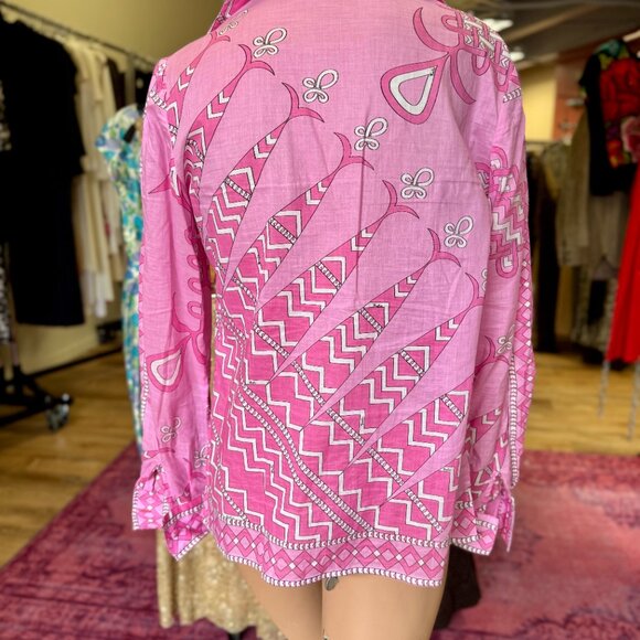 70s Emilio Pucci Pink Geometric Button Up Cotton Blouse Vintage Shirt 14 - Picture 4 of 5